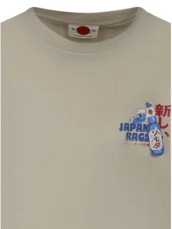 T-shirt en coton beige à coupe droite pourvu d'imprimés japonais