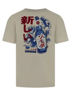 T-shirt en coton beige à coupe droite pourvu d'imprimés japonais