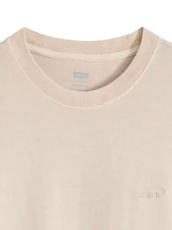 T-shirt en coton beige à coupe droite pourvu d'un col rond finement côtelé