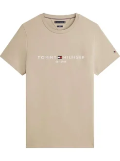 T-shirt en coton beige à coupe droite pourvu d'un col rond finement côtelé