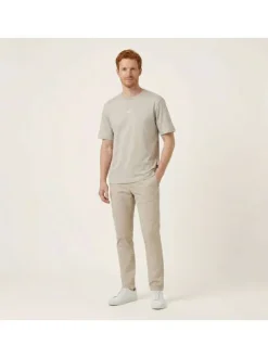 T-shirt en coton beige à coupe droite pourvu d'un col rond lisse