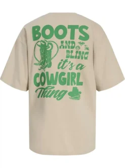 T-shirt en coton beige imprimé au dos à coupe oversize et col rond