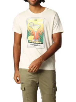 T-shirt en coton beige imprimé avec un col rond et une coupe droite