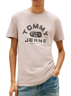 T-shirt en coton beige imprimé avec une coupe droite et un col rond