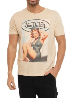 T-shirt en coton beige imprimé avec une coupe droite et un col rond