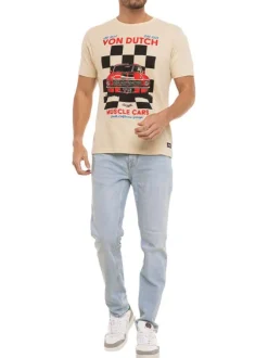 T-shirt en coton beige imprimé avec une coupe droite et un col rond