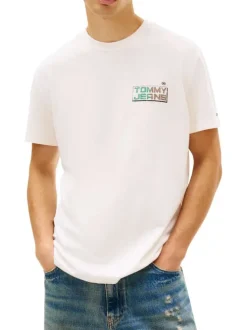 T-shirt en coton beige imprimé avec une coupe droite et un col rond
