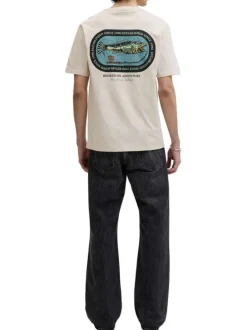 T-shirt en coton beige imprimé avec une coupe droite et un col rond