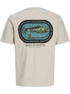 T-shirt en coton beige imprimé avec une coupe droite et un col rond