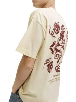 T-shirt en coton beige imprimé à coupe droite pourvu d'un col rond