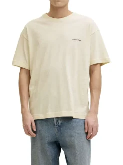 T-shirt en coton beige imprimé à coupe droite pourvu d'un col rond