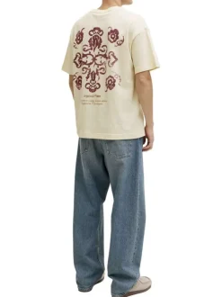 T-shirt en coton beige imprimé à coupe droite pourvu d'un col rond