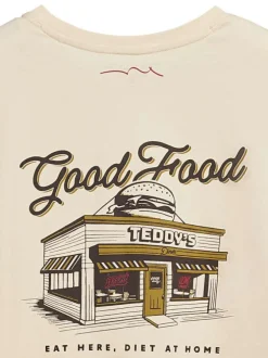 T-shirt en coton beige imprimé hamburger au dos et à la poitrine à col rond