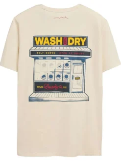 T-shirt en coton beige imprimé laundry au dos et à la poitrine à col rond