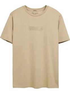 T-shirt en coton beige uni avec le nom de la marque à la poitrine et à col rond