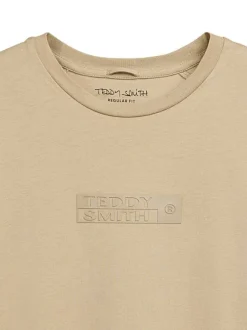 T-shirt en coton beige uni avec le nom de la marque à la poitrine et à col rond
