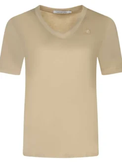 T-shirt en coton beige uni avec logo brodé une coupe droite et un col v côtelé