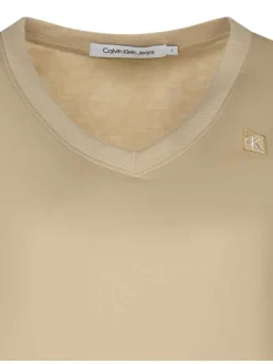 T-shirt en coton beige uni avec logo brodé une coupe droite et un col v côtelé