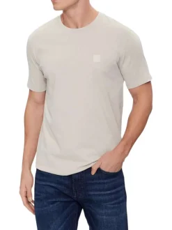 T-shirt en coton beige uni avec une coupe droite et un col rond