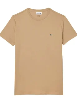T-shirt en coton beige uni avec une coupe droite un col rond et à logo brodé