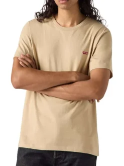 T-shirt en coton beige uni à col rond avec le logo brodé en petit à la poitrine