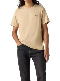 T-shirt en coton beige uni à col rond avec le logo brodé en petit à la poitrine