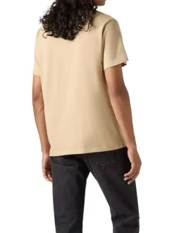 T-shirt en coton beige uni à col rond avec le logo brodé en petit à la poitrine