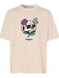 T-shirt en coton beige uni coupe droite avec un col rond et flocage squelette