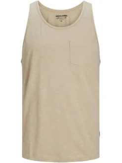 T-shirt en coton beige uni coupe droite avec un col rond et poche poitrine