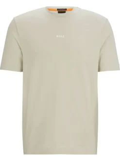 T-shirt en coton beige uni à coupe droite et à col rond avec le nom de la marque
