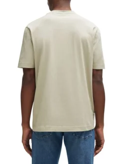 T-shirt en coton beige uni à coupe droite et à col rond avec le nom de la marque