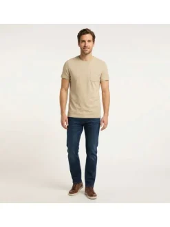 T-shirt en coton beige uni pourvu d'une poche plaquée sur le coeur