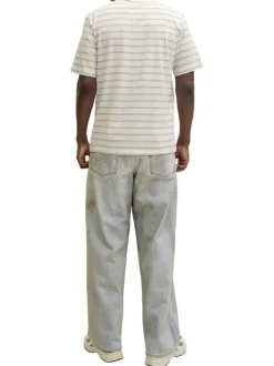 T-shirt en coton biologique beige à rayures pourvu d'un col rond