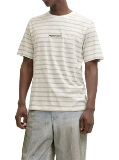 T-shirt en coton biologique beige à rayures pourvu d'un col rond