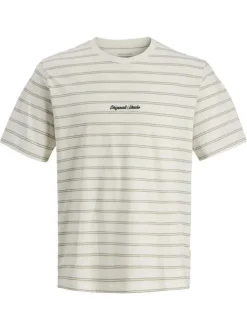 T-shirt en coton biologique beige à rayures pourvu d'un col rond