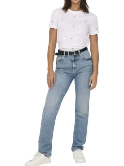 T-shirt en coton biologique blanc à cerises avec une coupe droite et un col rond