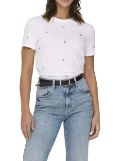 T-shirt en coton biologique blanc à cerises avec une coupe droite et un col rond