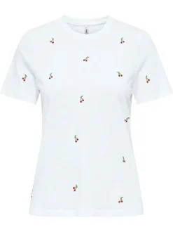 T-shirt en coton biologique blanc à cerises avec une coupe droite et un col rond