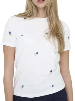 T-shirt en coton biologique blanc à fleurs avec une coupe droite et un col rond