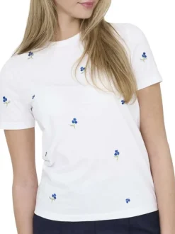 T-shirt en coton biologique blanc à fleurs avec une coupe droite et un col rond