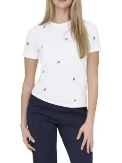 T-shirt en coton biologique blanc à fleurs avec une coupe droite et un col rond