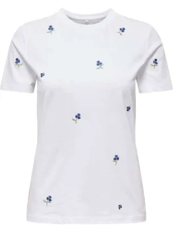 T-shirt en coton biologique blanc à fleurs avec une coupe droite et un col rond