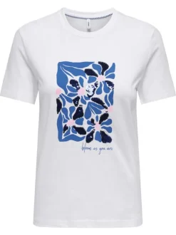 T-shirt en coton biologique blanc floral coupe droite col rond