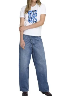 T-shirt en coton biologique blanc floral coupe droite col rond