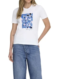 T-shirt en coton biologique blanc floral coupe droite col rond