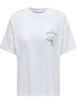 T-shirt en coton biologique blanc imprimé avec un col rond et une coupe droite