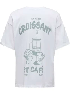T-shirt en coton biologique blanc imprimé avec un col rond et une coupe droite
