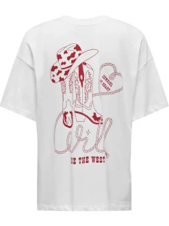 T-shirt en coton biologique blanc imprimé avec une coupe droite à col rond