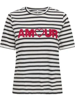 T-shirt en coton biologique blanc rayé avec une coupe droite et un col rond