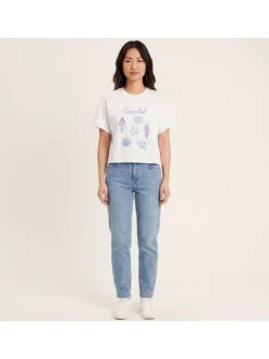 T-shirt en coton biologique blanc uni avec des coquillages brodés